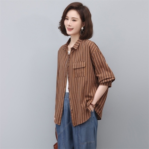 纯棉条纹衬衫女2024年春秋新款大码宽松减龄中年妈妈休闲长袖上衣图片