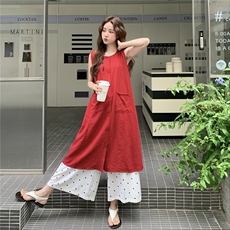 红色无袖衬衫叠穿连衣裙女夏波点阔腿裤两件套装裙巨好看超火爆款，女装套装/套裙，蝶眷