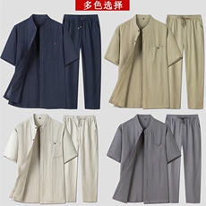 亚麻短袖唐装男款套装风男装夏季中老年男士中式棉麻爸爸夏装，男装民族服装，电商B212（原钱塘6029）