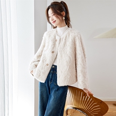 现货~2025年冬季双面穿皮毛一体guo风镶砖提花侧插口袋加厚外套，女装羊羔毛/颗粒绒，新依时派