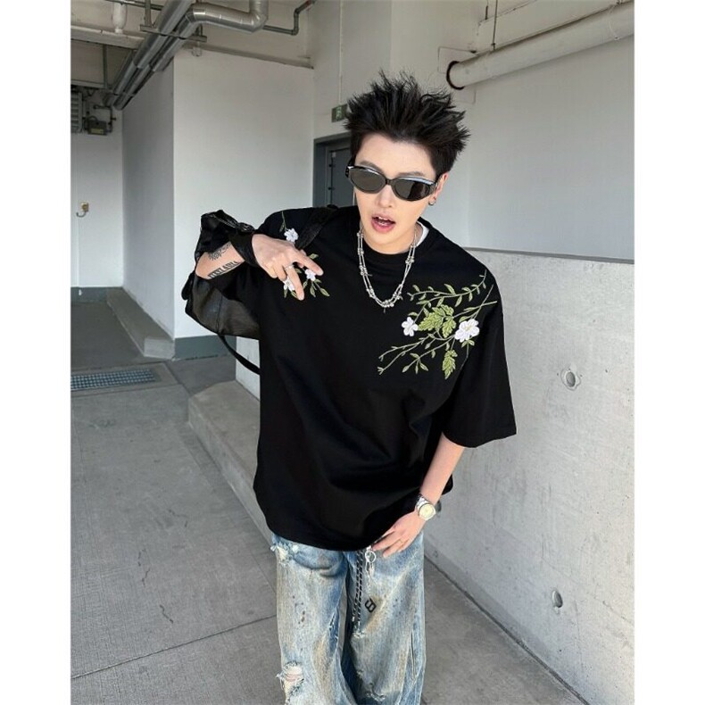 重工街头新中式花卉刺绣廓形短袖T恤男女潮夏装上衣服ST565-P43,男装T恤,星座412-3