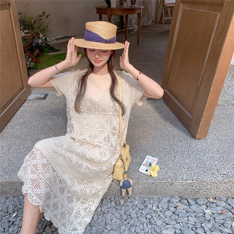 小香风米白色蕾丝背带裙夏季2025新款简约风T恤裙通勤,女装连衣裙,2C135