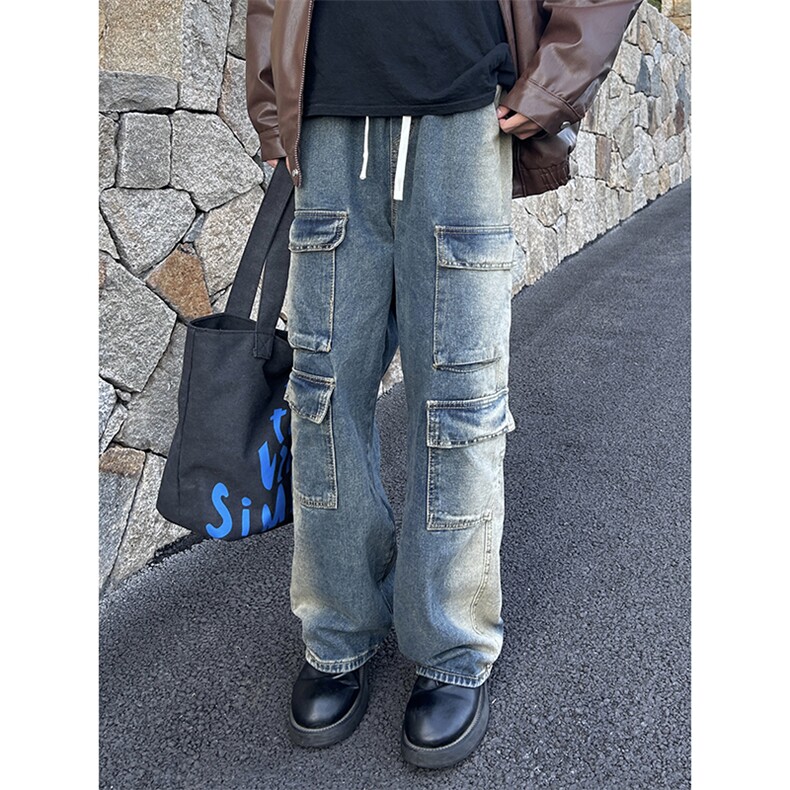 B221美式ins高街重工艺宽松做旧工装牛仔裤子LK23143-P80控108,男装牛仔裤,电商B221