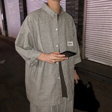 2026夏装新款条纹绣标短袖五分袖衬衫潮男衬衣CS8090/P40黑，男装T恤，电商A094