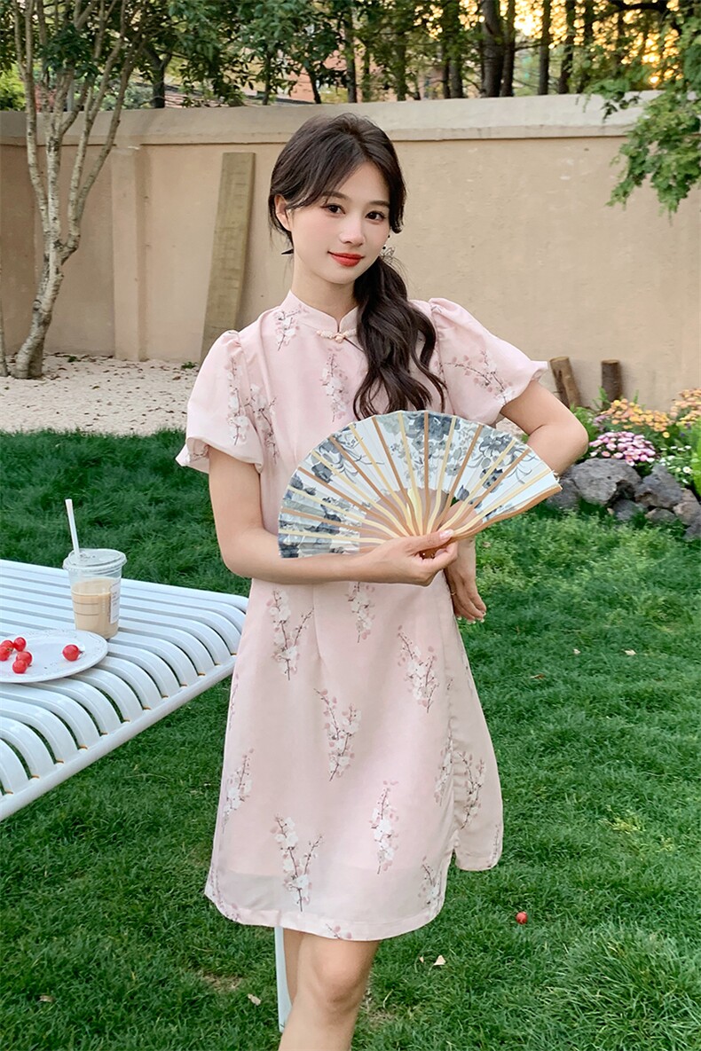 新中式盘扣收腰连衣裙女2025夏季新款气质温婉改良旗袍裙,女装连衣裙,浪娴服饰