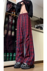 现货自家图美式红色格子毛呢宽松直筒阔腿休闲裤K661-P50控68，男装休闲裤，星座205-5