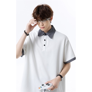 假两件格子拼接短袖T恤男夏季潮牌polo衫美式衬衫领T3652特价P30图片