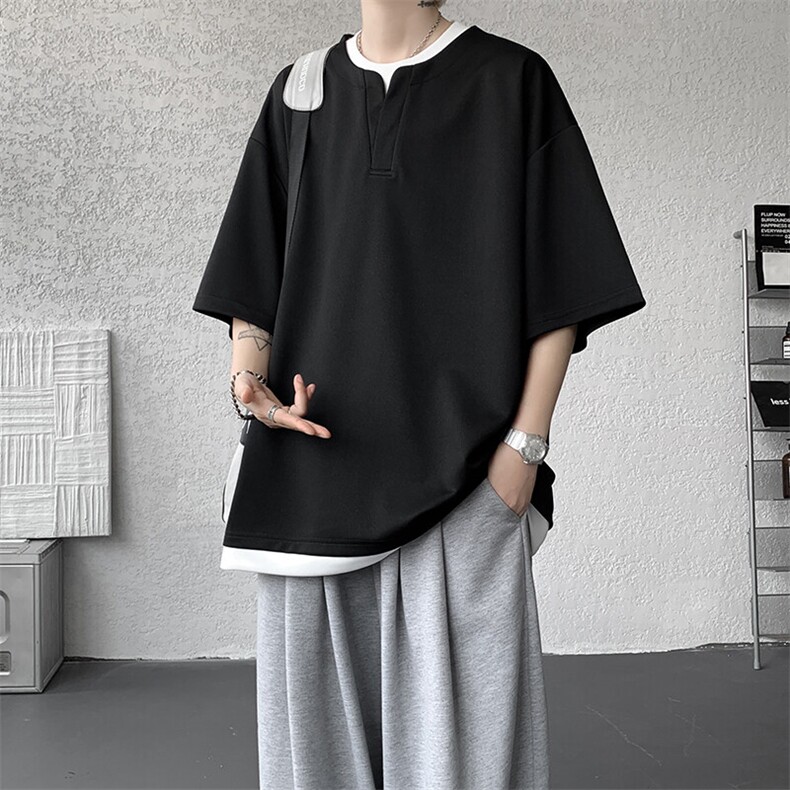 8XL-M重磅斜纹假两件短袖t恤男夏季薄款宽松大码半袖体恤DT006P45,男装T恤,电商B312