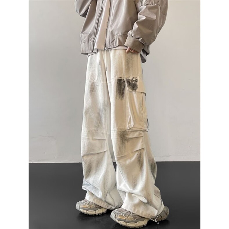 1506/Q1040/P58白色扎染脏脏牛仔裤美式高街hiphop直筒弯刀裤子,男装牛仔裤,星座1506