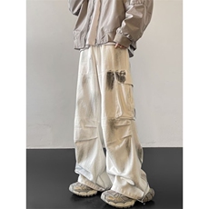 1506/Q1040/P58白色扎染脏脏牛仔裤美式高街hiphop直筒弯刀裤子，男装牛仔裤，星座1506