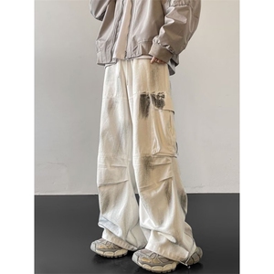1506/Q1040/P58白色扎染脏脏牛仔裤美式高街hiphop直筒弯刀裤子图片