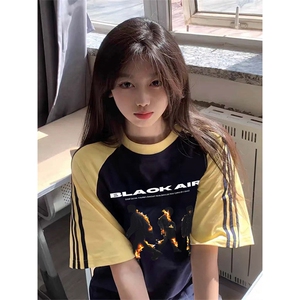 抖音得物品质二开240克宽松纯棉美式潮牌插肩三杠织带短袖T恤图片