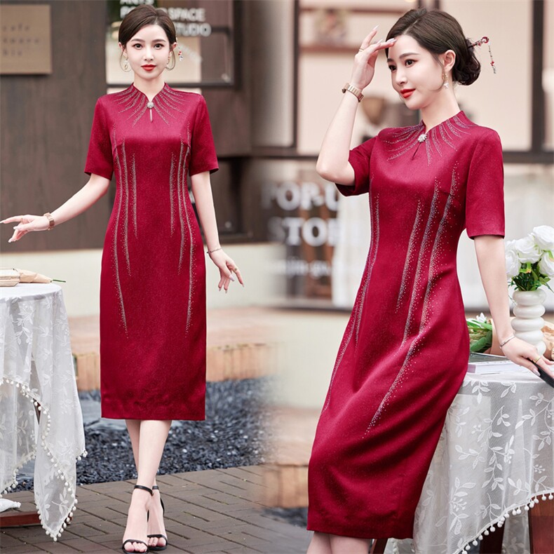 春夏季新款醋酸设计简约喜婆婆刺绣烫钻喜庆中款婚礼旗袍连衣裙，女装汉服/婚纱/旗袍/礼服，小荷流