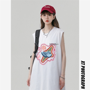 中性风23新款夏季时尚百搭宽松印花无袖短袖T恤DT65005P25控38图片