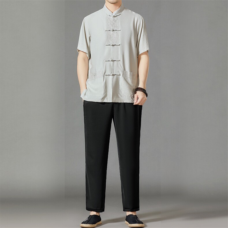 2026夏季薄款高端风冰丝短袖衬衫套装唐装汉服HL23811-P120,男装休闲套装,星座1105-3