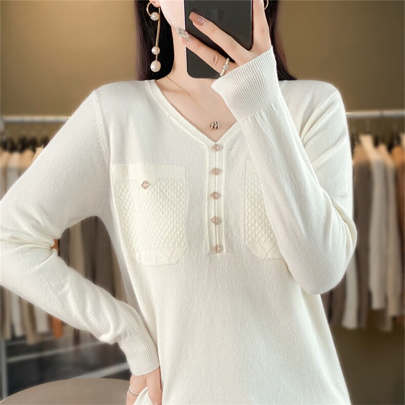 时尚女装黑色V领长袖针织衫修身显瘦花苞扣设计优雅百搭毛衣,针织衫/毛衣,暖姿羊绒