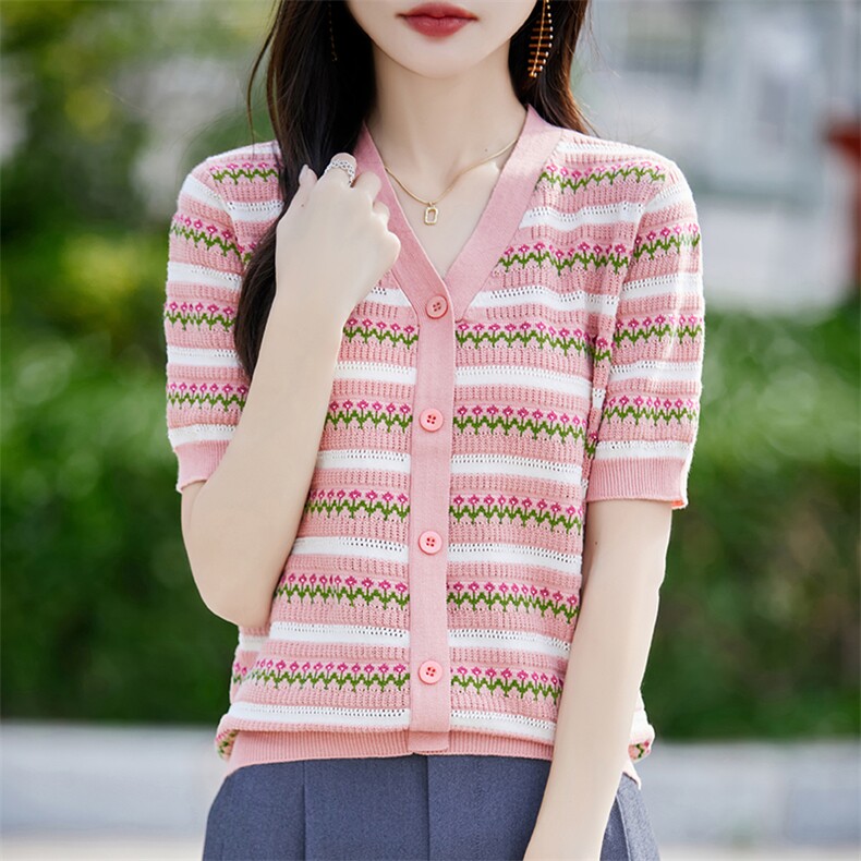 2025夏季新款纯棉透气针织短袖T恤女V领提花拼色上衣减龄显瘦小衫,针织衫/毛衣,斯美雅安迪绒