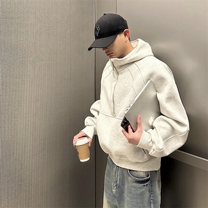 抖音得物二开美式重磅宽松结构拉链设计防风高领连帽卫衣外套W76