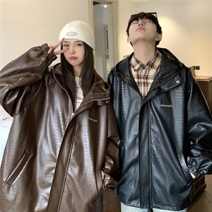 1鳄鱼纹连帽冲锋衣大码M-5XL面层：PU皮夹克男JK8744P90控128图片
