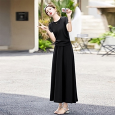 高级感慵懒风韩版圆领短袖连衣裙套装2024夏季收腰显瘦灰色长裙子，女装套装/套裙，蓝诺裳