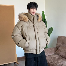 现货三防重磅硬挺boxy短款羽绒棉衣座山雕大毛毛领PU皮棉服外套冬，男装棉衣，电商A443