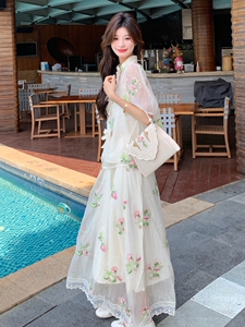 薄纱刺绣蝴蝶结上衣小吊带半身裙套装女2025夏新款绝美气质三件套图片