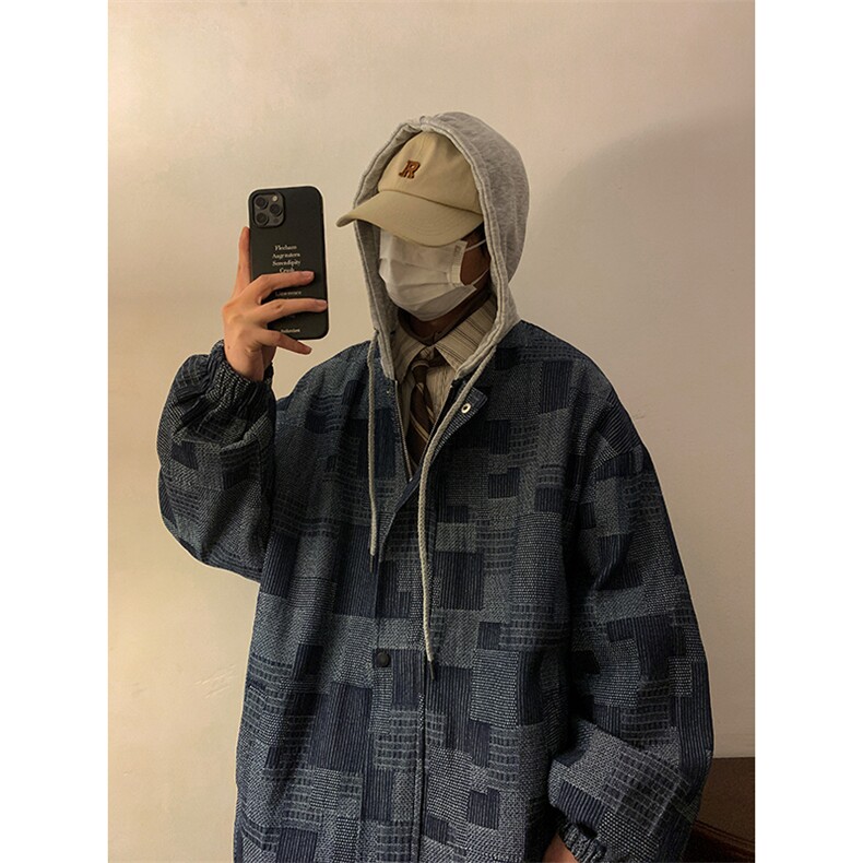 JK6007/P80加棉P90冬装港风牛仔连帽格子夹克男大码外套棉衣男,男装夹克,电商A141