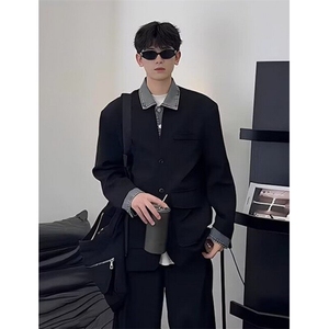 假两件牛仔西装外套男春潮牌拼接西服立领夹克高街休闲 JK288图片