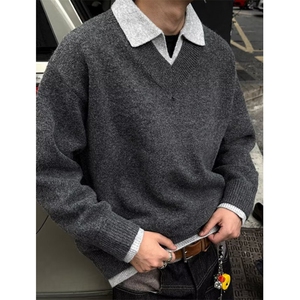 秋冬季加厚假两件polo领针织衫宽松保暖休闲男女毛衣 M3207图片