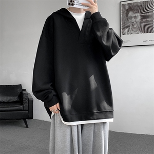 8XL-M叠穿假两件卫衣重磅连帽V领拼接套头衫宽松大码外套WY006P65图片