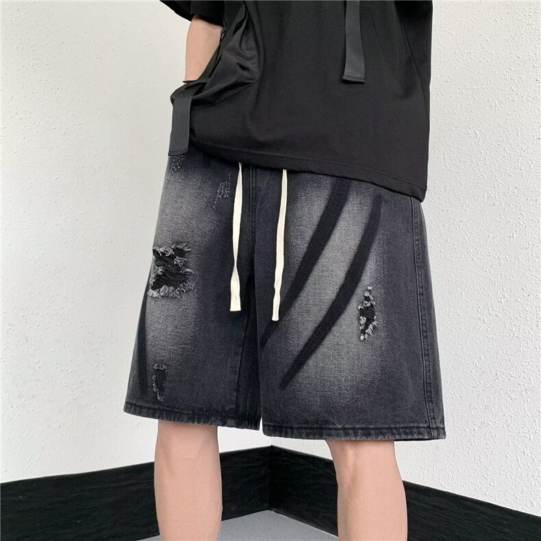 破洞水洗牛仔短裤男夏季休闲过膝直筒中裤痞帅美式高街复古五分裤,男装牛仔裤,星座1013