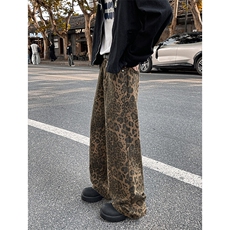 8XL-M春款高街美式豹纹阔腿牛仔裤男宽松直筒拖地裤K9113P68控88，男装休闲裤，电商D206-1