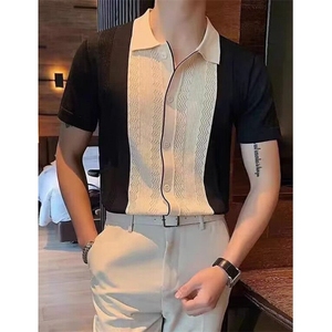 季新款男士休闲轻奢短袖衬衫时尚商务休闲修身拼接半袖 T66001图片