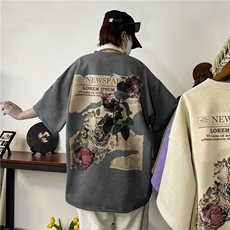 美式复古麂皮短袖阔版宽松街头高报纸玫瑰上衣XZ301B-JB4302-P28，男装T恤，星座301B