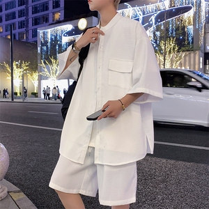 TZ85960/P60夏季短袖立领套装男五分袖衬衣潮短裤男大码两件套图片