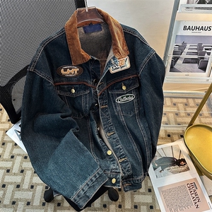 GC033-P73 美式复古牛仔外套男潮牌vibe宽松上衣拼色刺绣工装夹克图片