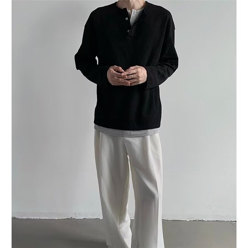 假两件亨利领长袖t恤男款2025春秋新款重磅内搭打底衫宽松上衣服,男装T恤,星座506A