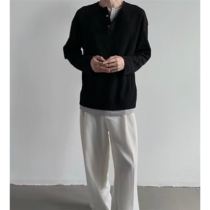 假两件亨利领长袖t恤男款2025春秋新款重磅内搭打底衫宽松上衣服图片