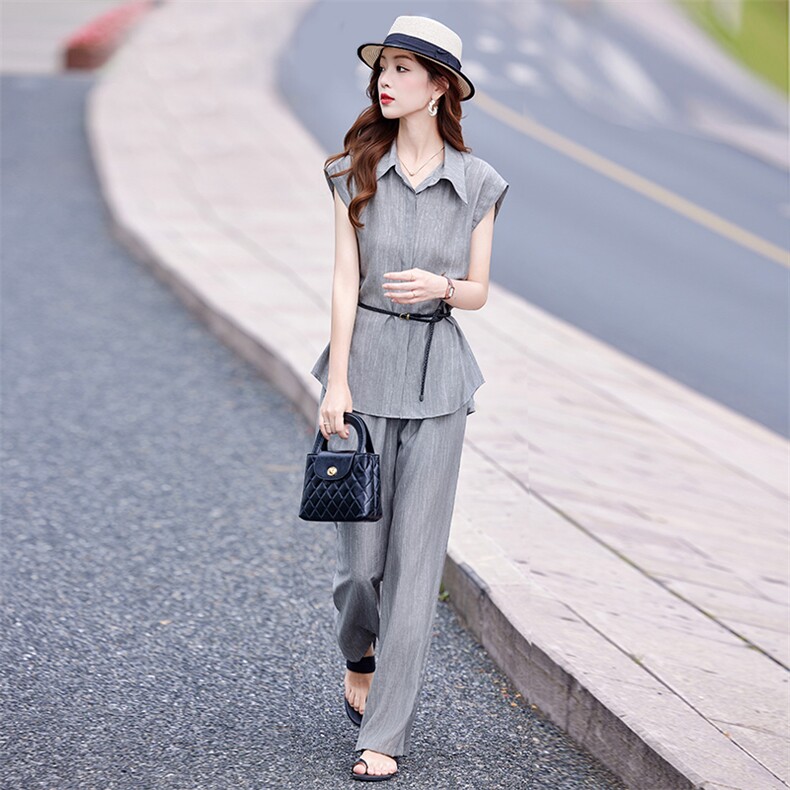 老钱风灰色时尚套装女2025夏季新款时尚通勤翻领衬衫阔腿裤两件套,女装套装/套裙,靓衣阁