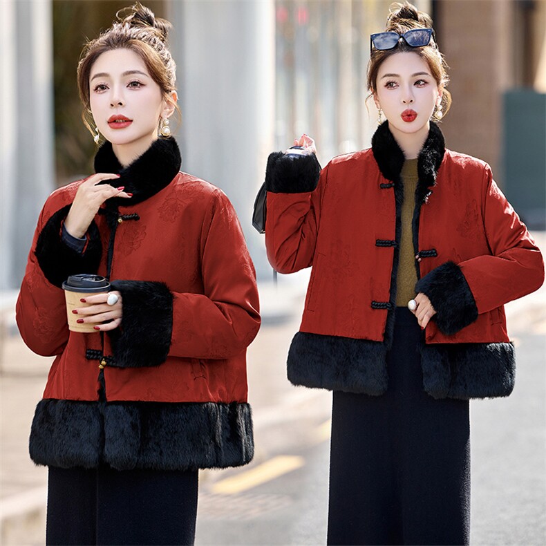 【90白鸭绒】新中式短款羽绒服冬装喜庆新年红本命年貂毛拼接外套,女装羽绒服,衣之秀