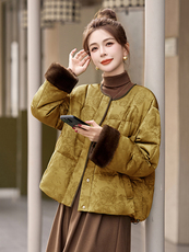 新中式g风提花羽绒服女2025冬季新款时尚拼接白鸭绒短款外套，女装羽绒服，美沁