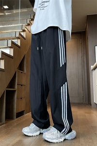 条纹速干冰丝裤子男士夏季薄款宽松阔腿男生运动裤青少年休闲长裤图片