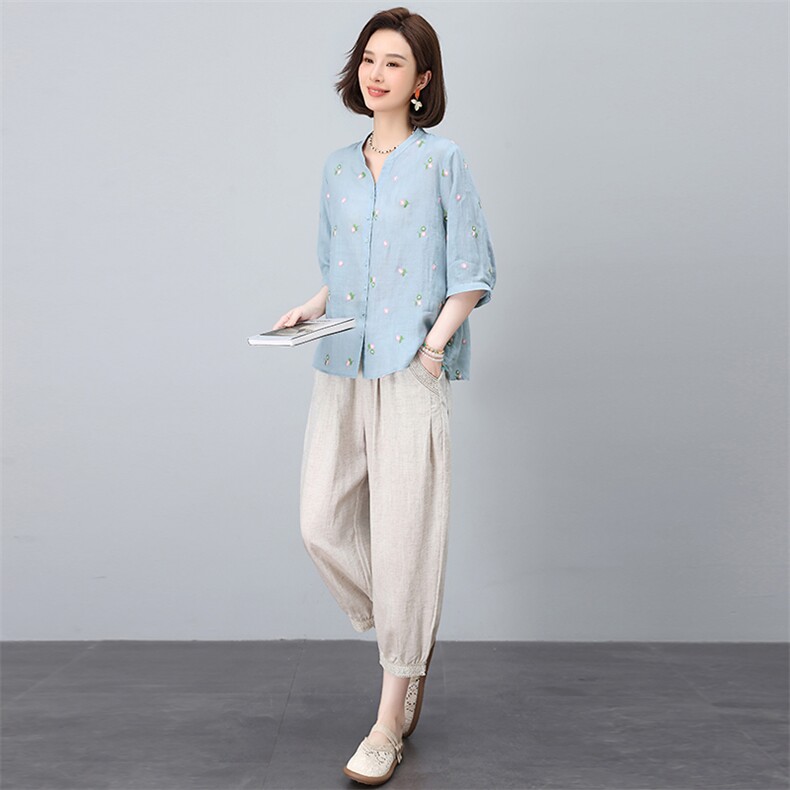 刺绣苎麻套装夏季2025新款休闲妈妈两件套，女装套装/套裙，忆绮罗