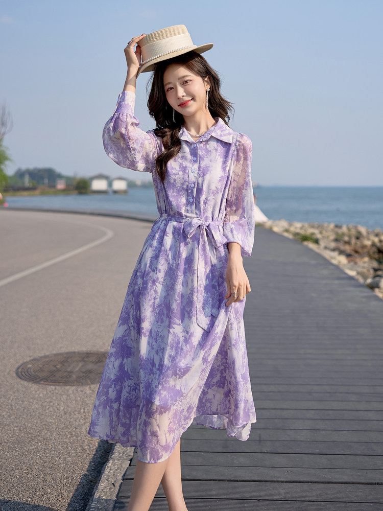 紫色碎花衬衫连衣裙女新款法式独特气质收腰裙子,女装连衣裙,韩蔻秀