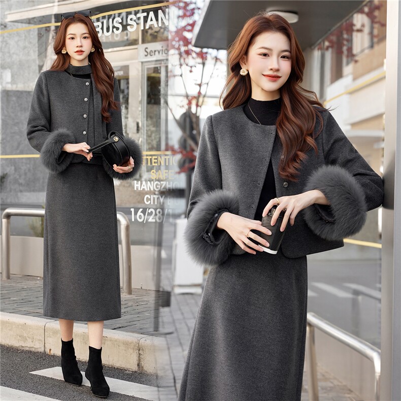 小香风羽绒服套装女冬季2025新款气质富家千金真狐狸毛毛呢套装裙，女装套装/套裙，艾贝斯