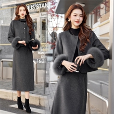 小香风羽绒服套装女冬季2025新款气质富家千金真狐狸毛毛呢套装裙，女装套装/套裙，艾贝斯