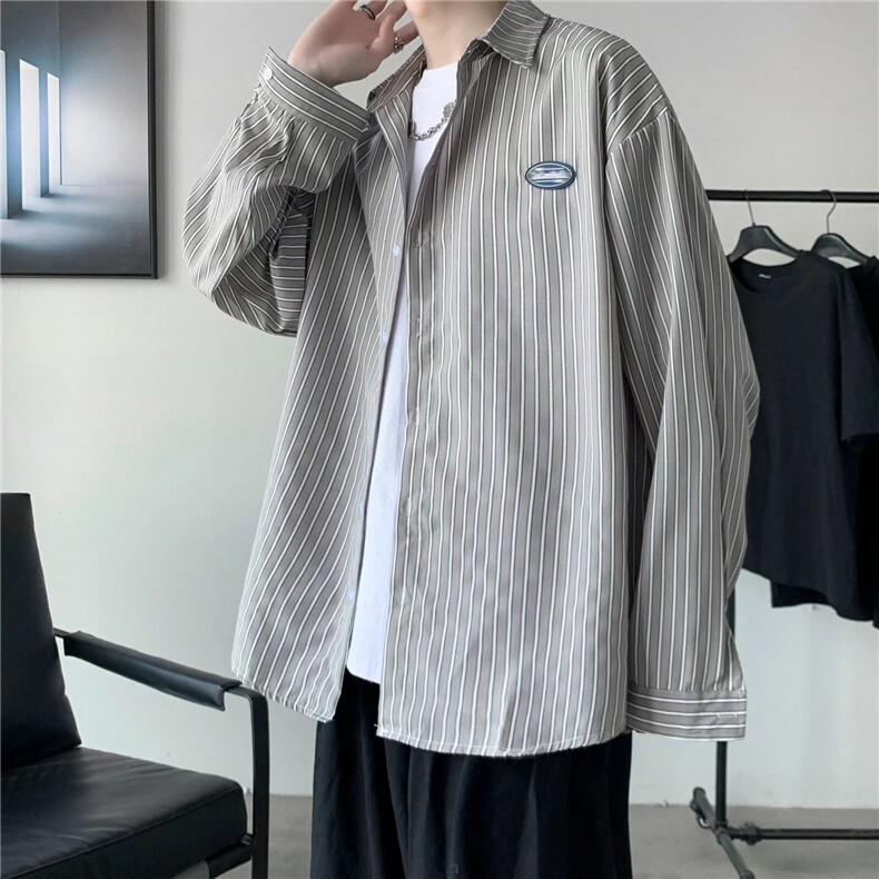 长袖衬衫男士夏秋季宽松港风条纹ins衬衣百搭防晒外套C200/P32图片