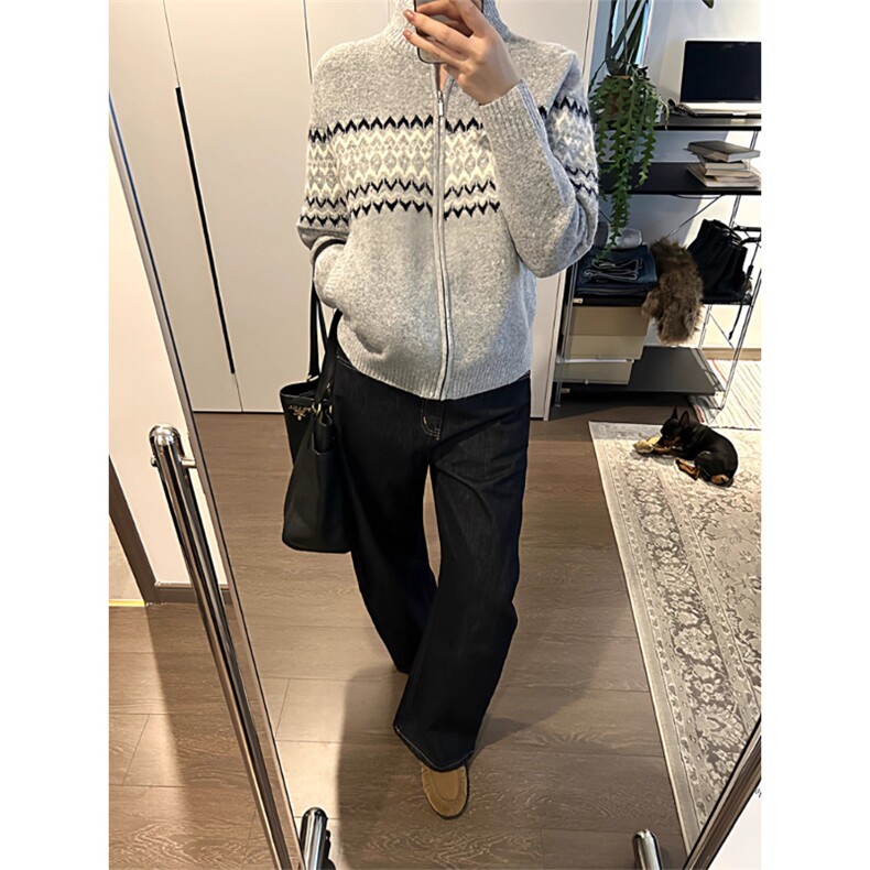 费尔岛针织开衫女早秋穿搭半高领毛衣拉链外套宽松慵懒风软糯上衣,男装针织衫/毛衣,星座516A