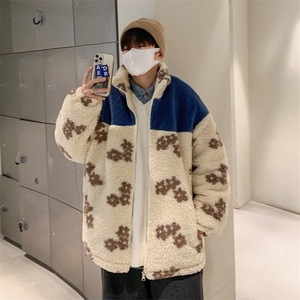 M9020 P108 港风外景 拼色花朵印花羊羔毛加棉加厚外套学生情侣冬图片