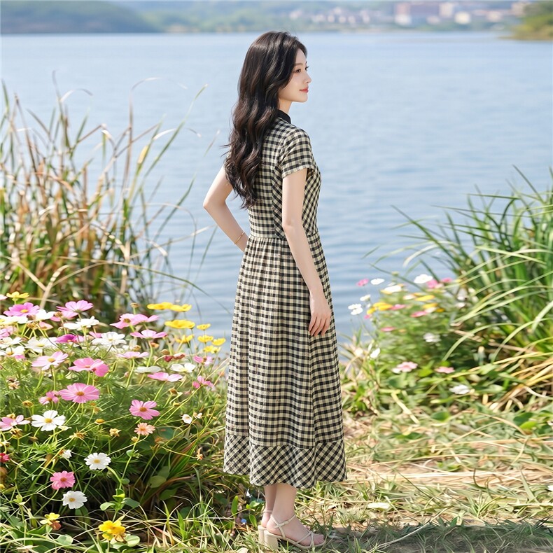 弹力面料学院风格纹连衣裙女春夏收腰显瘦中长裙格子裙子,女装连衣裙,水衣源